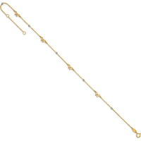14K Two-Tone Gold Polished Diamond-cut Beads and Bows 9" Anklet with 1" Extender