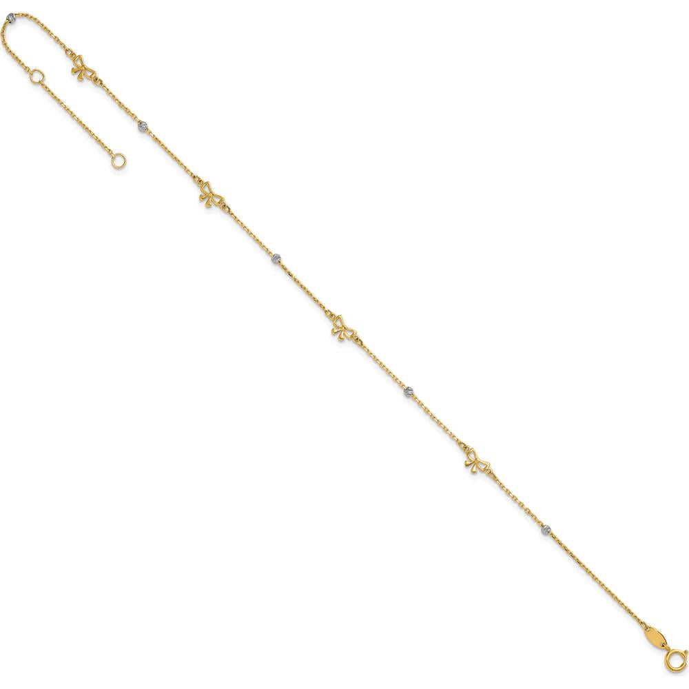14K Two-Tone Gold Polished Diamond-cut Beads and Bows 9" Anklet with 1" Extender