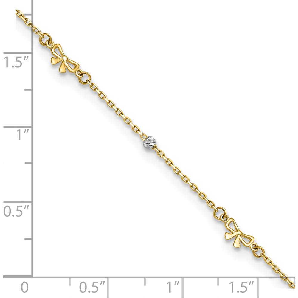 14K Two-Tone Gold Polished Diamond-cut Beads and Bows 9" Anklet with 1" Extender