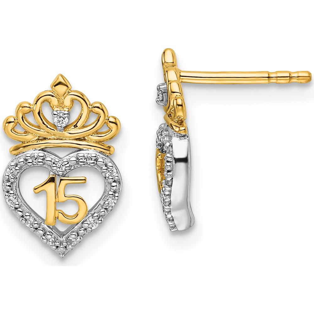 14K Two-Tone Gold Polished Diamond Heart and Crown Post Earrings - 0.065 Carats Total Diamond Weight by Oro Pregiato