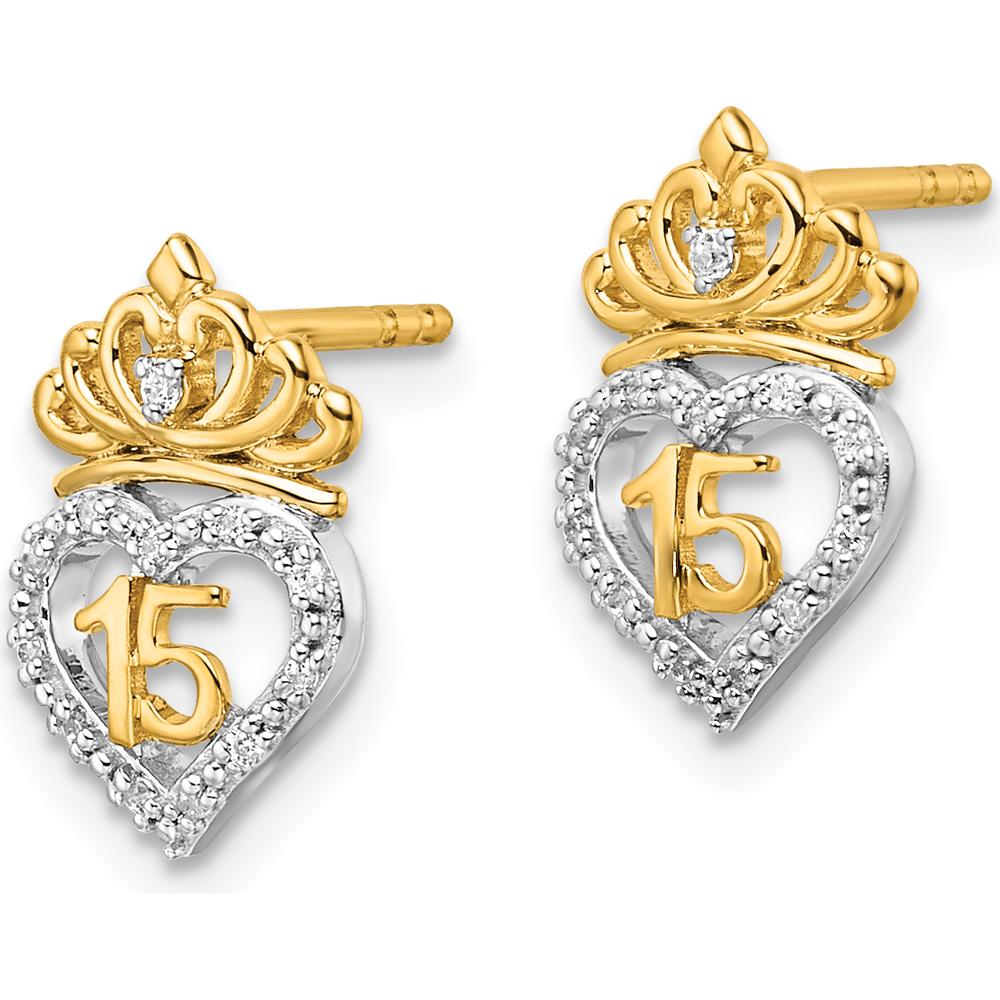 14K Two-Tone Gold Polished Diamond Heart and Crown Post Earrings - 0.065 Carats Total Diamond Weight by Oro Pregiato