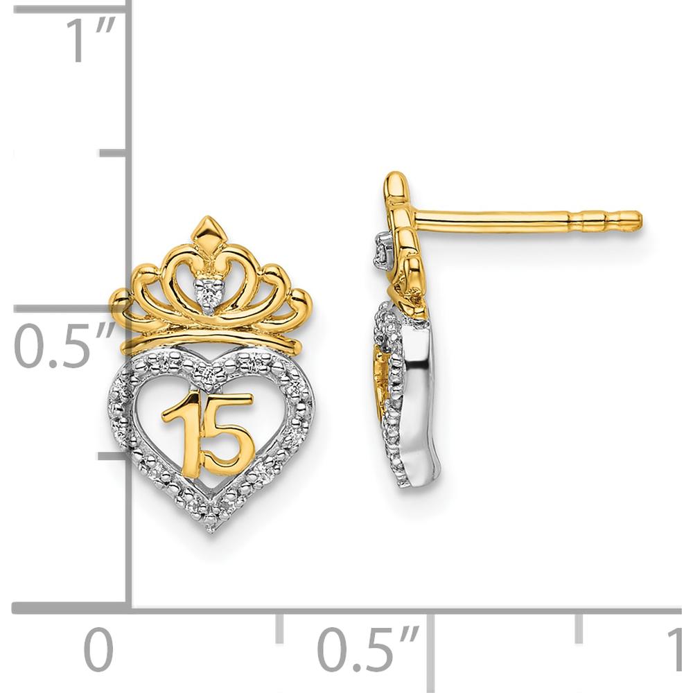 14K Two-Tone Gold Polished Diamond Heart and Crown Post Earrings - 0.065 Carats Total Diamond Weight by Oro Pregiato