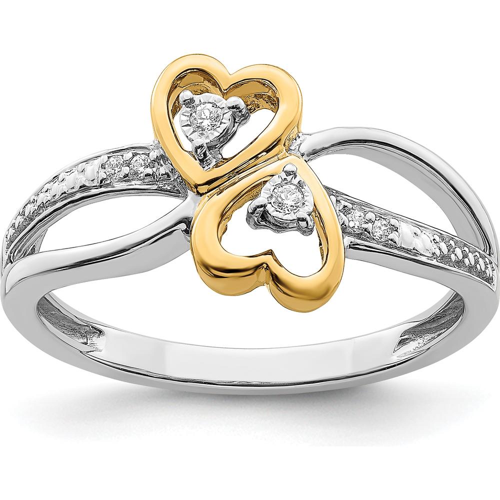 14K Two-Tone Gold Polished Double Heart Diamond Ring with Round Brilliant Cut Diamonds - 0.016 Carat Total Diamond Weight by 0