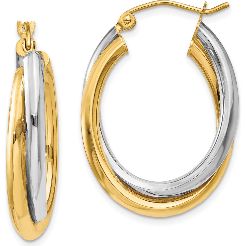 14K Two-Tone Gold Polished Double Oval Hoop Earrings - 16mm Length, 6mm Width by 0