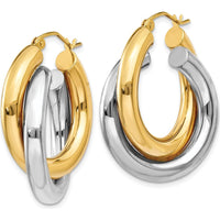 14K Two-Tone Gold Polished Double Tube Hoop Earrings - 28mm Length by Oro Pregiato