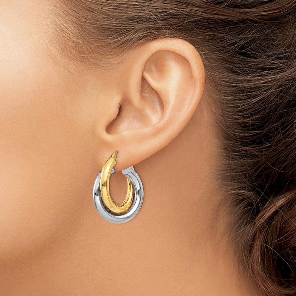 14K Two-Tone Gold Polished Double Tube Hoop Earrings - 28mm Length by Oro Pregiato