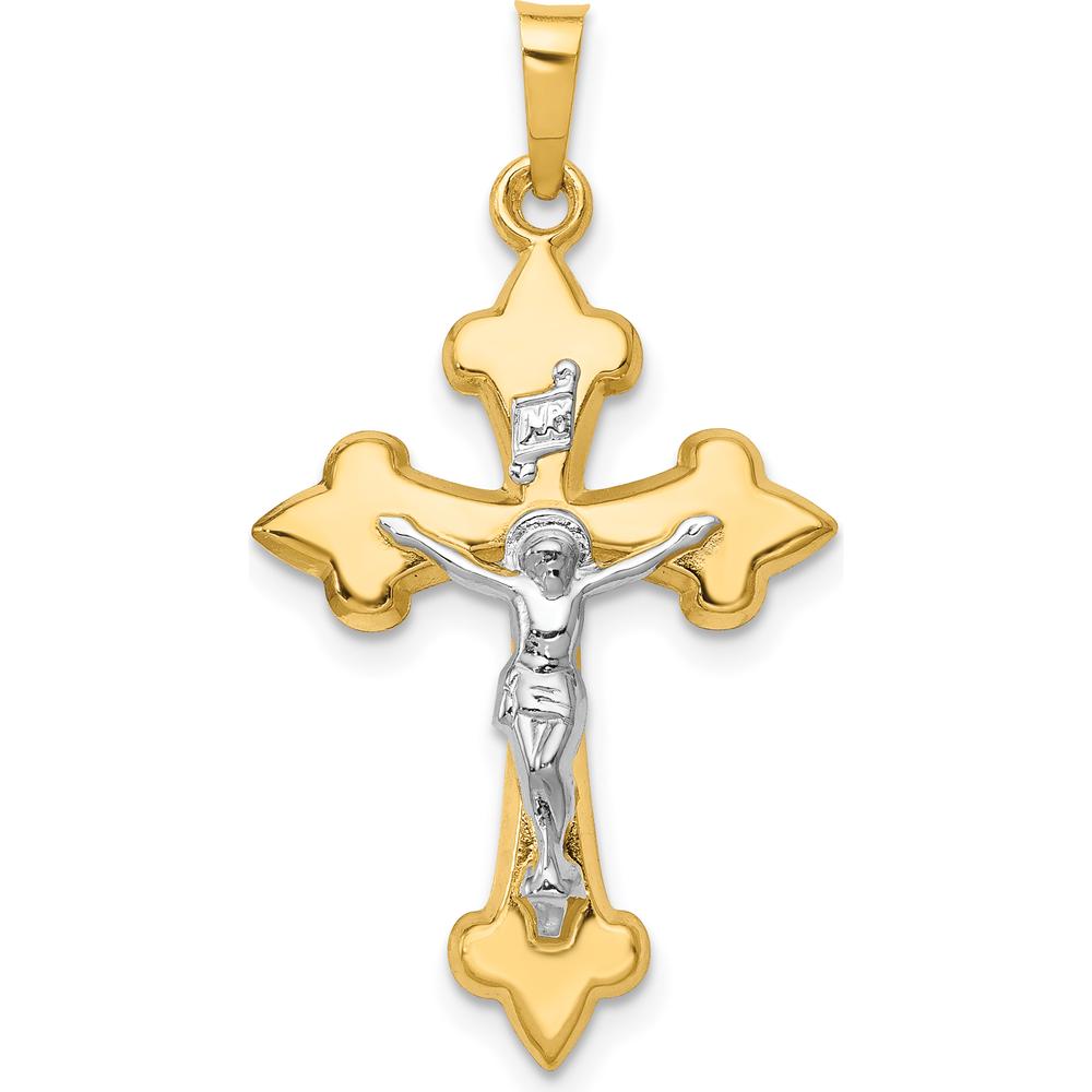 14K Two-Tone Gold Polished Fleur de Lis INRI Crucifix Pendant - 32mm Length by Oro Pregiato