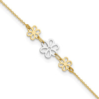14K Two-Tone Gold Polished Floral Cut-out Three Flower Anklet with Adjustable 9" Chain and 1" Extender