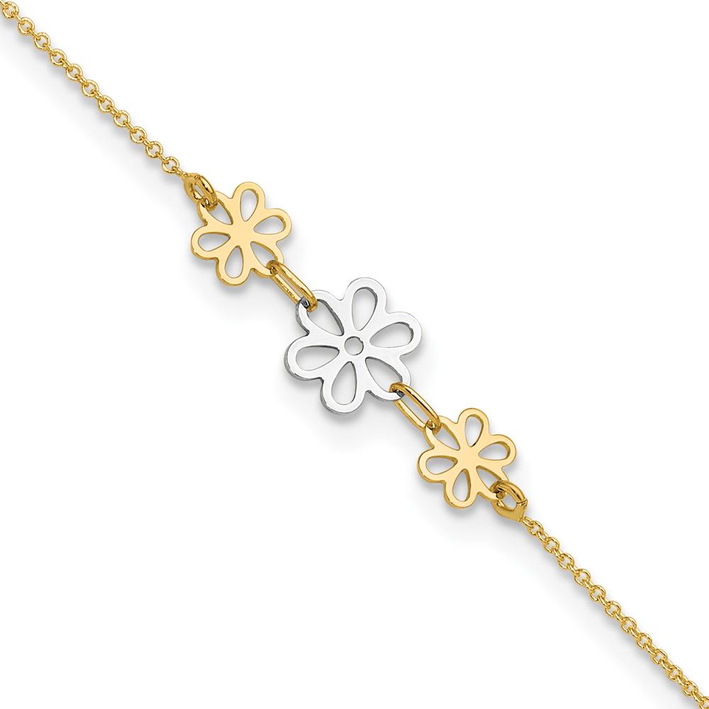 14K Two-Tone Gold Polished Floral Cut-out Three Flower Anklet with Adjustable 9" Chain and 1" Extender