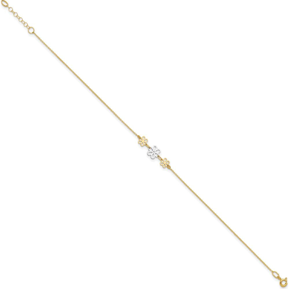 14K Two-Tone Gold Polished Floral Cut-out Three Flower Anklet with Adjustable 9" Chain and 1" Extender