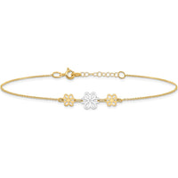 14K Two-Tone Gold Polished Floral Cut-out Three Flower Anklet with Adjustable 9" Chain and 1" Extender