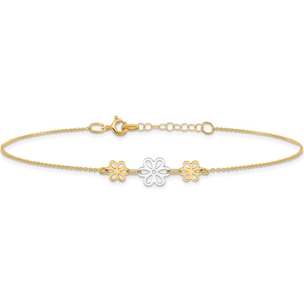 14K Two-Tone Gold Polished Floral Cut-out Three Flower Anklet with Adjustable 9" Chain and 1" Extender