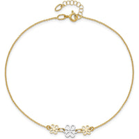 14K Two-Tone Gold Polished Floral Cut-out Three Flower Anklet with Adjustable 9" Chain and 1" Extender