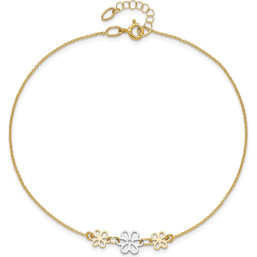 14K Two-Tone Gold Polished Floral Cut-out Three Flower Anklet with Adjustable 9" Chain and 1" Extender