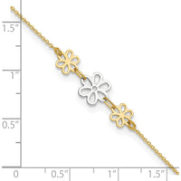 14K Two-Tone Gold Polished Floral Cut-out Three Flower Anklet with Adjustable 9" Chain and 1" Extender