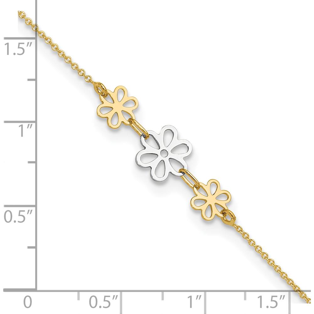 14K Two-Tone Gold Polished Floral Cut-out Three Flower Anklet with Adjustable 9" Chain and 1" Extender