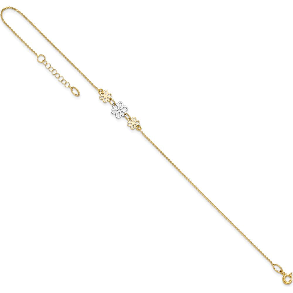 14K Two-Tone Gold Polished Floral Cut-out Three Flower Anklet with Adjustable 9" Chain and 1" Extender