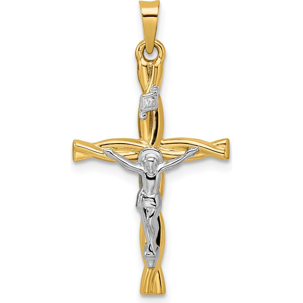 14K Two-Tone Gold Polished Hollow INRI Crucifix Twisted Cross Pendant by Oro Pregiato
