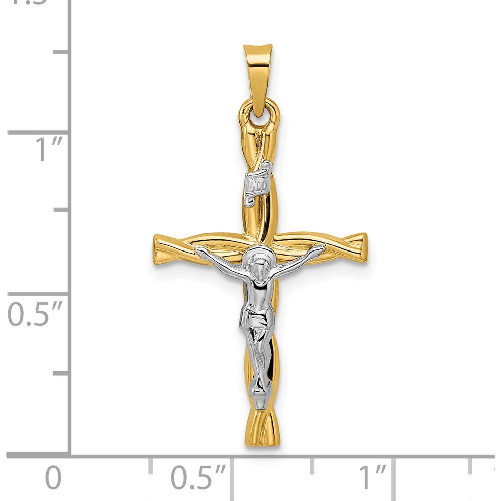 14K Two-Tone Gold Polished Hollow INRI Crucifix Twisted Cross Pendant by Oro Pregiato