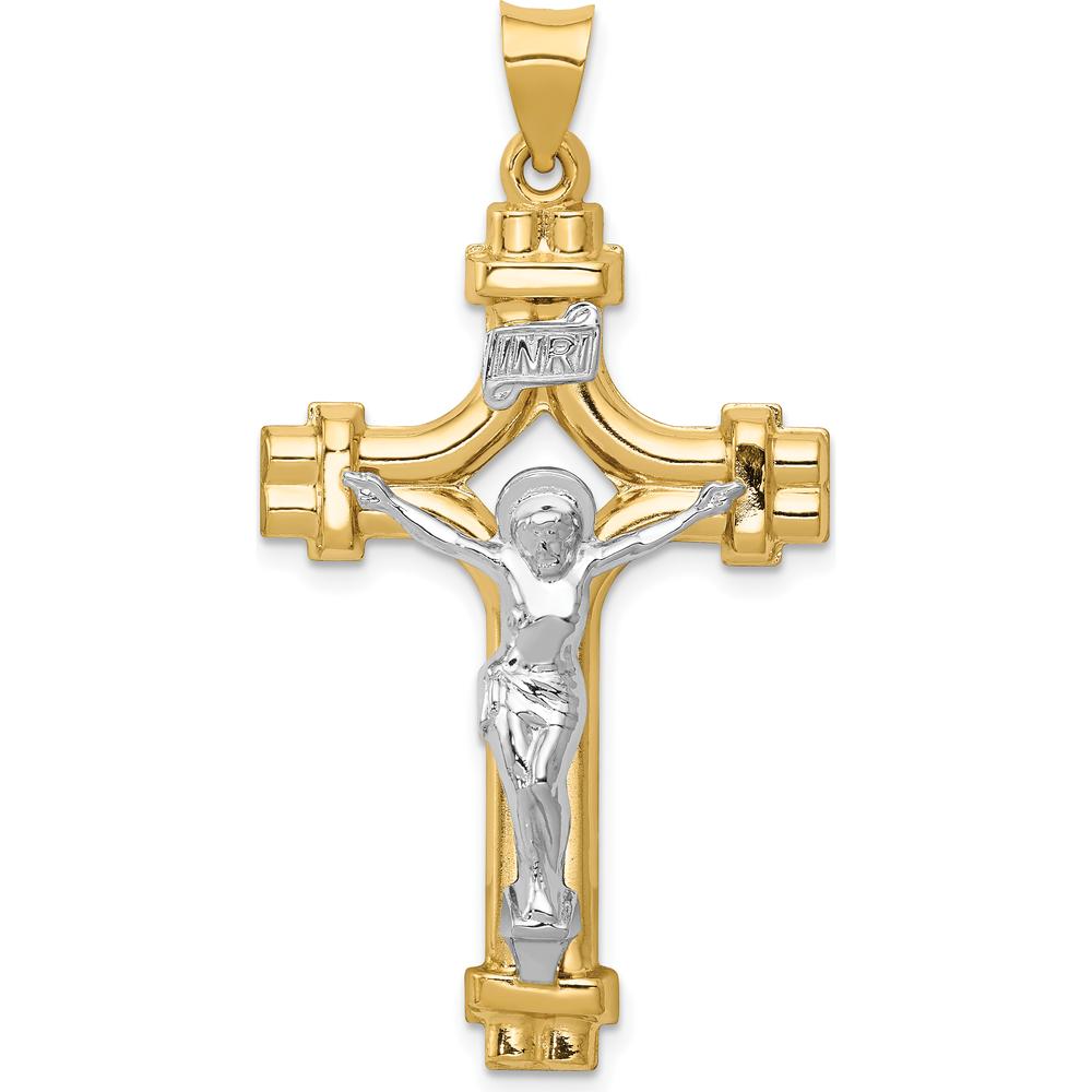 14K Two-Tone Gold Polished INRI Crucifix Pendant with Brushed Detailing - 45mm Length by Oro Pregiato