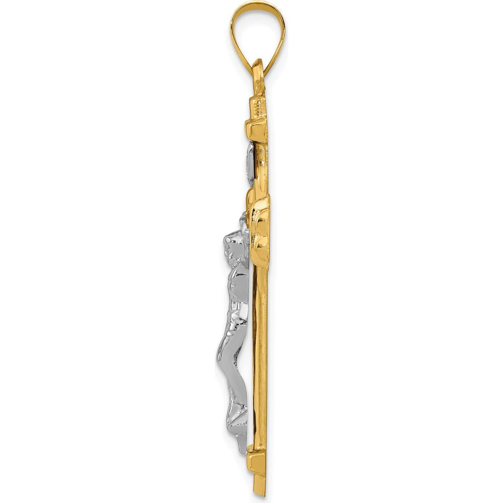 14K Two-Tone Gold Polished INRI Crucifix Pendant with Brushed Detailing - 45mm Length by Oro Pregiato