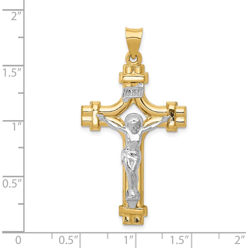 14K Two-Tone Gold Polished INRI Crucifix Pendant with Brushed Detailing - 45mm Length by Oro Pregiato