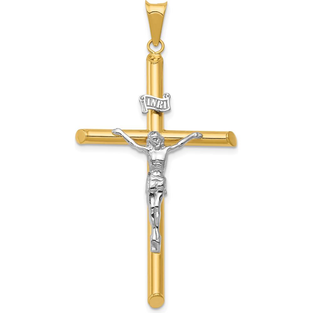 14K Two-Tone Gold Polished INRI Crucifix Pendant with Hollow Design - 53mm Length by Oro Pregiato