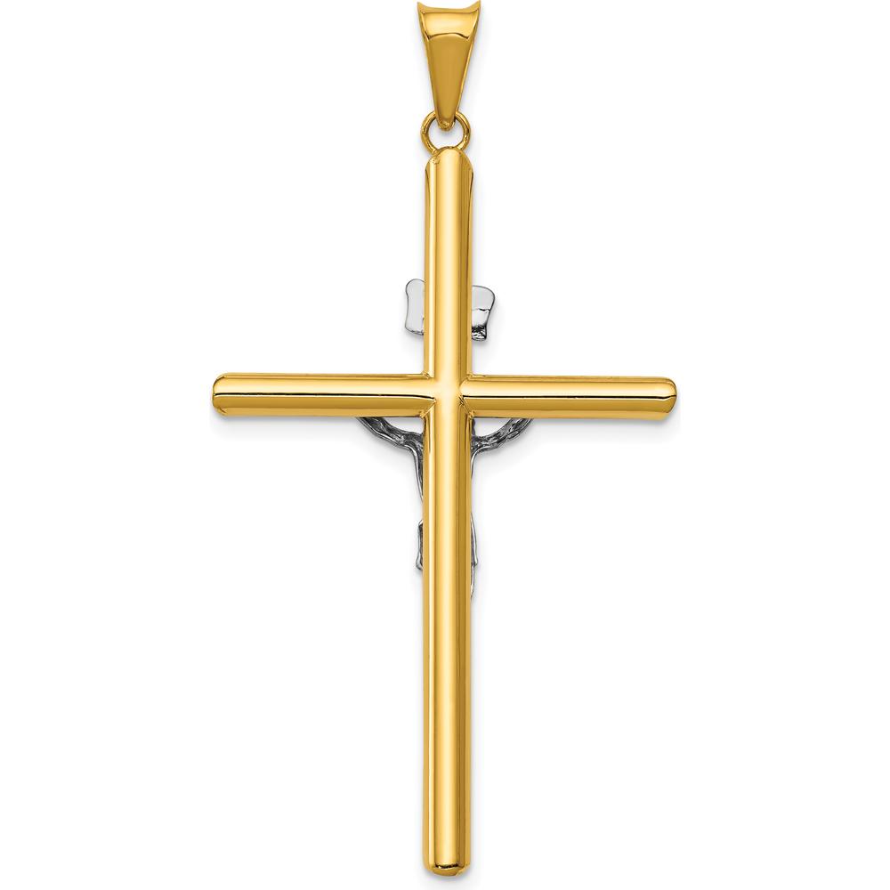 14K Two-Tone Gold Polished INRI Crucifix Pendant with Hollow Design - 53mm Length by Oro Pregiato