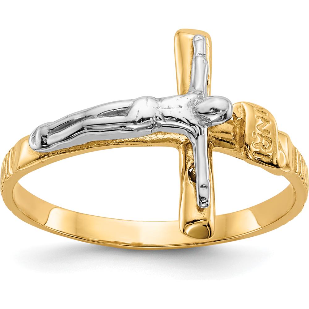 14K Two-Tone Gold Polished INRI Crucifix Ring for Women by Oro Pregiato