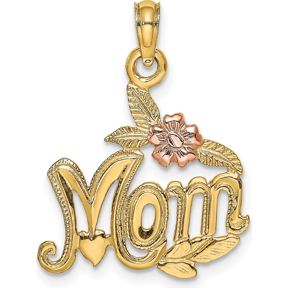 14K Two-Tone Gold Polished MOM Pendant with Rose Gold Flower Accent by Oro Pregiato