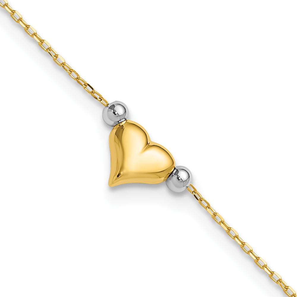 14K Two-Tone Gold Polished Puffed Heart Anklet with Bead Accents - 10" Length