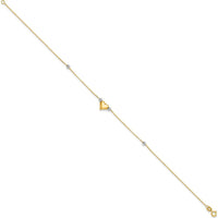 14K Two-Tone Gold Polished Puffed Heart Anklet with Bead Accents - 10" Length