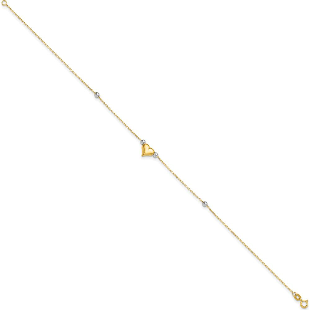 14K Two-Tone Gold Polished Puffed Heart Anklet with Bead Accents - 10" Length