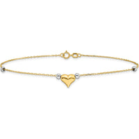 14K Two-Tone Gold Polished Puffed Heart Anklet with Bead Accents - 10" Length