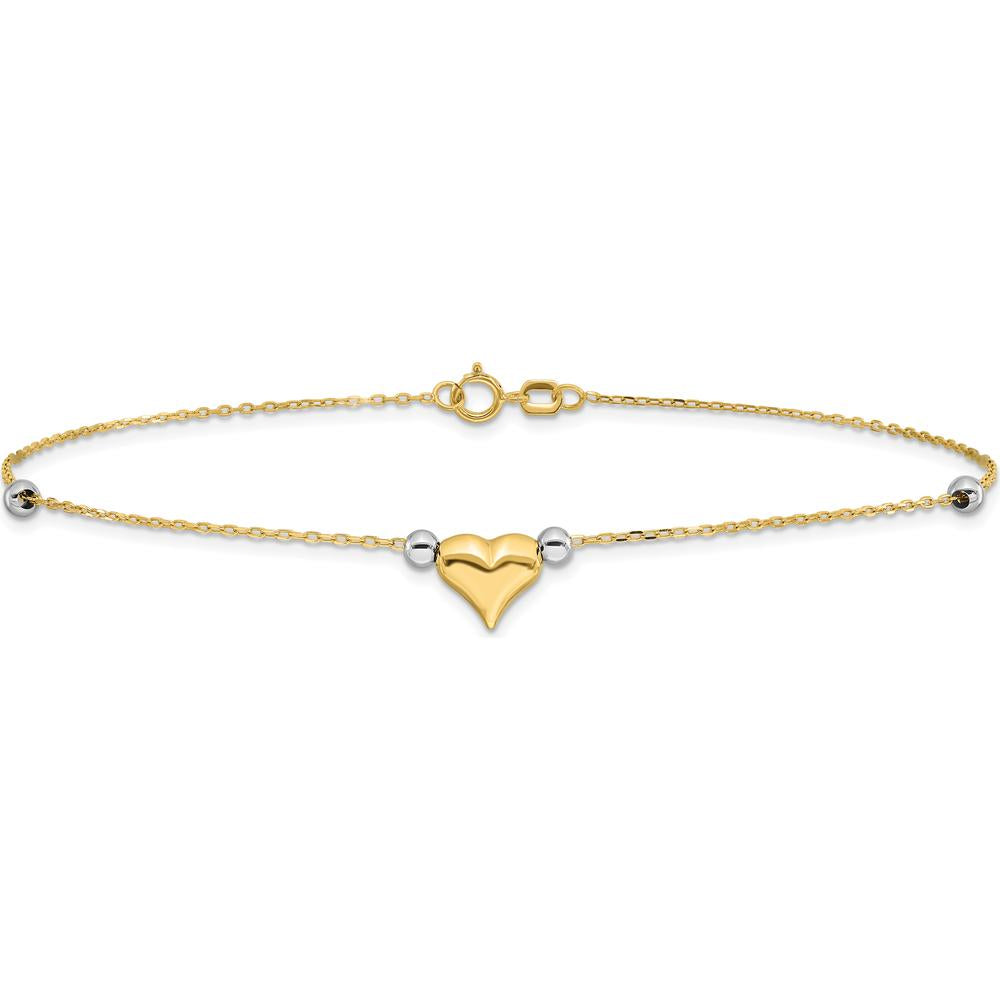 14K Two-Tone Gold Polished Puffed Heart Anklet with Bead Accents - 10" Length