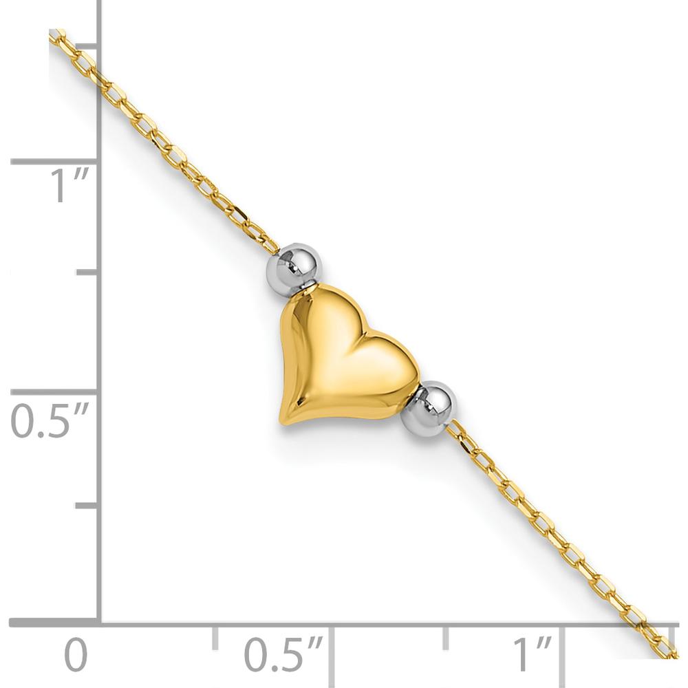 14K Two-Tone Gold Polished Puffed Heart Anklet with Bead Accents - 10" Length