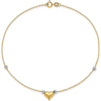 14K Two-Tone Gold Polished Puffed Heart Anklet with Bead Accents - 10" Length