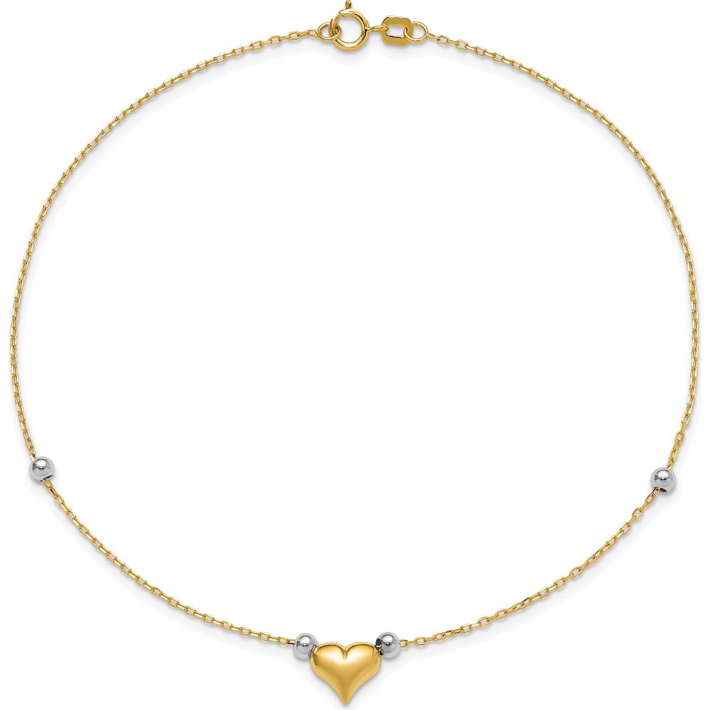 14K Two-Tone Gold Polished Puffed Heart Anklet with Bead Accents - 10" Length