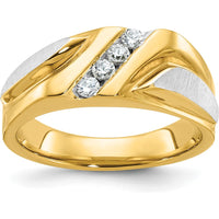 14K Two-Tone Gold Polished Satin Grooved Diamond Ring with 4 Round Diamonds - 0.059 Carats Total Diamond Weight by IBGoodman