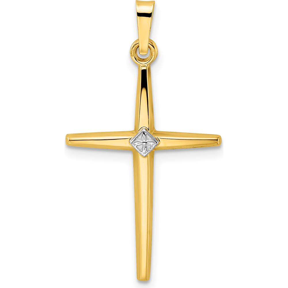 14K Two-Tone Gold Polished Solid Diamond Shape Center Cross Pendant - 31mm by Oro Pregiato