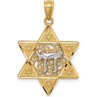 14K Two-Tone Gold Polished Star of David with Chai Pendant - 28mm Length by Oro Pregiato