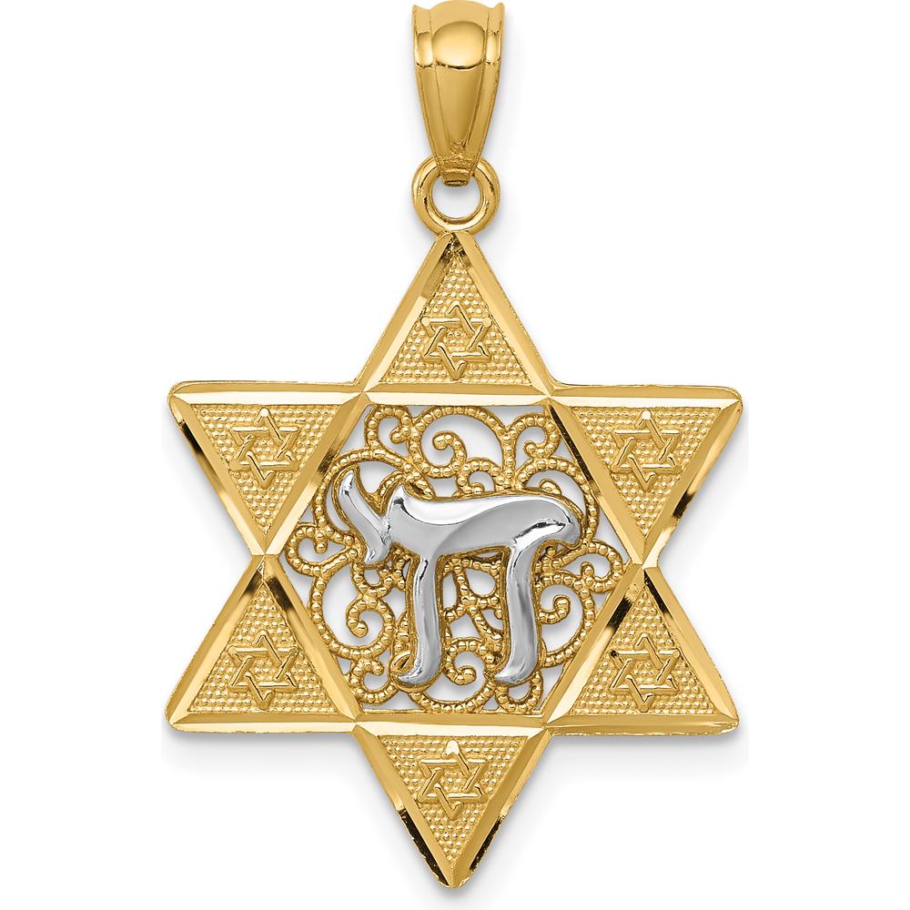 14K Two-Tone Gold Polished Star of David with Chai Pendant - 28mm Length by Oro Pregiato