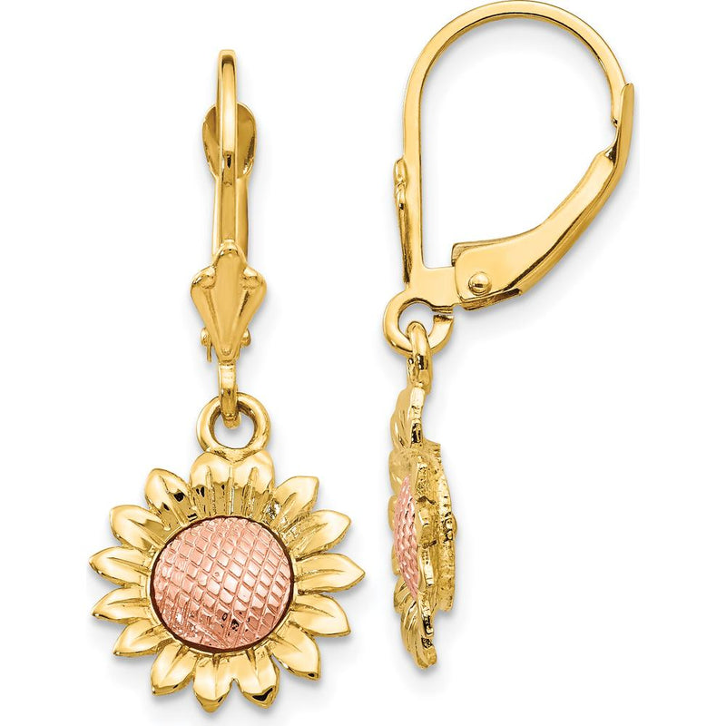 14K Two-Tone Gold Polished Sunflower Dangle Leverback Earrings - Floral Drop Design by Oro Pregiato