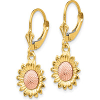 14K Two-Tone Gold Polished Sunflower Dangle Leverback Earrings - Floral Drop Design by Oro Pregiato