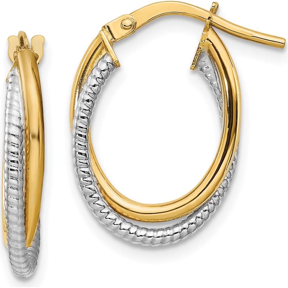 14K Two-Tone Gold Polished Textured Double Oval Hoop Earrings by 0