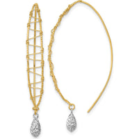 14K Two-Tone Gold Polished Wire Wrapped Threader Dangle Earrings with Diamond-Cut Texture by 0