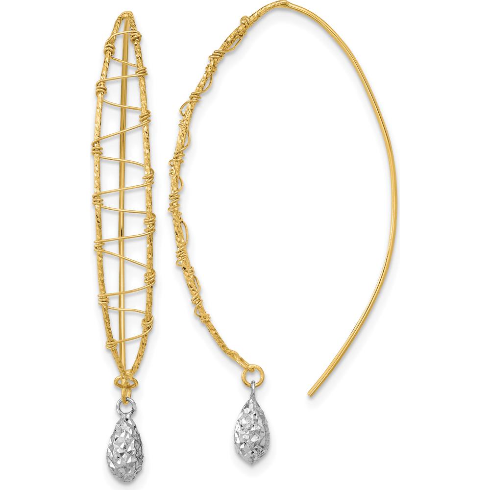 14K Two-Tone Gold Polished Wire Wrapped Threader Dangle Earrings with Diamond-Cut Texture by 0