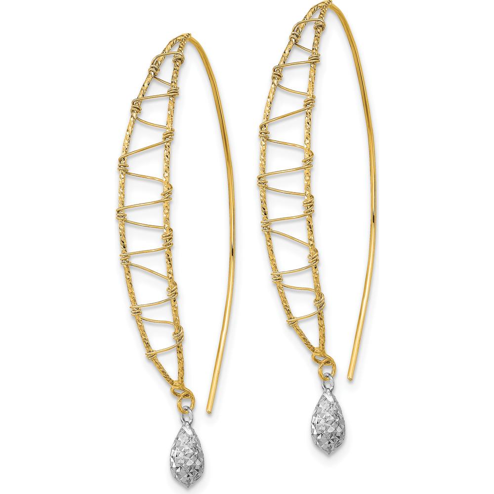 14K Two-Tone Gold Polished Wire Wrapped Threader Dangle Earrings with Diamond-Cut Texture by 0