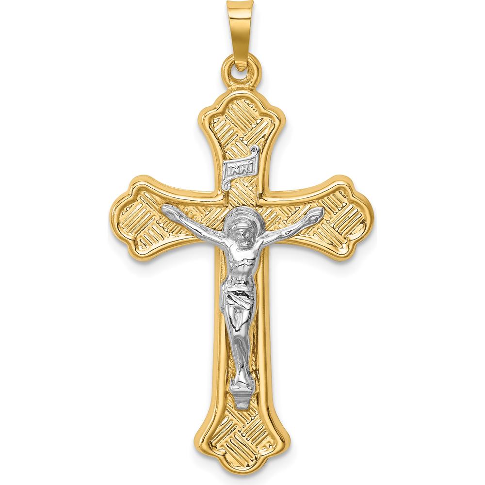 14K Two-Tone Gold Polished Woven Fleur de Lis Crucifix Pendant - Faith-Inspired Design by Oro Pregiato