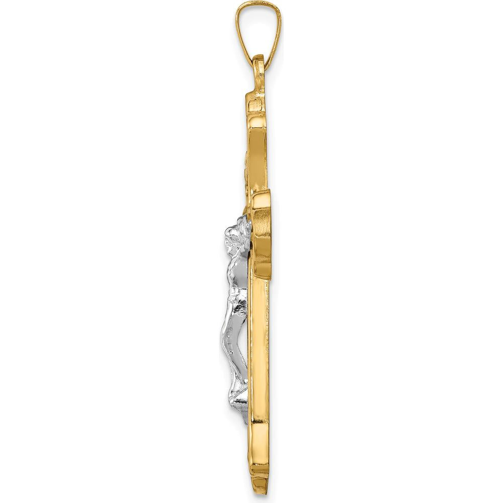 14K Two-Tone Gold Polished Woven Fleur de Lis Crucifix Pendant - Faith-Inspired Design by Oro Pregiato